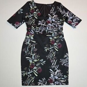 GUESS L Floral‎ Bodycon Dress Black Lace Up Waist Stretch Sheath Midi Party